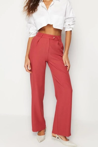 Kadın Yeni Moda Geniş Paça Uzun Boy Dokuma Düz Kesim Pantolon - 4
