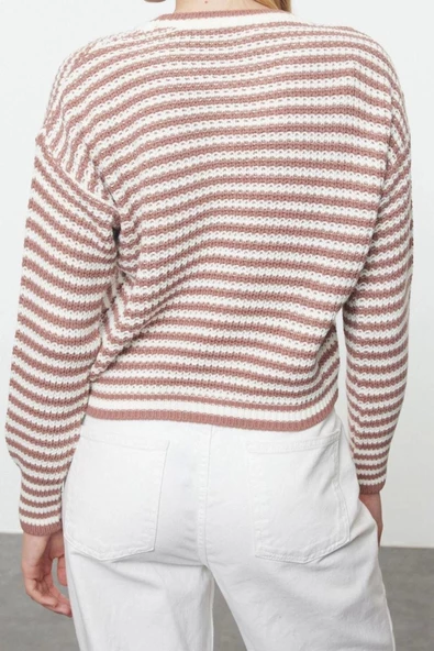 Kadın Moda Şık Bisiklet Yaka Standart Kol Crop Çizgili Triko Kazak - 5