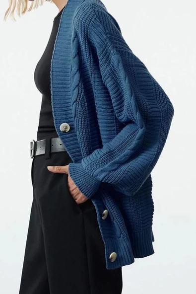 Kadın Moda Şık Regular V Yaka Oversize Geniş Kalıp Triko Hırka - 3