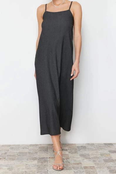 Yeni Regular Casual Günlük Bürümcük Örme Kare Yaka Askılı Kol A-Line Midi Boy Elbise - 4