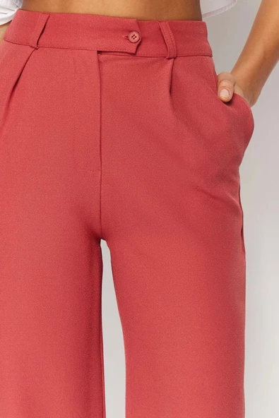 Kadın Yeni Moda Geniş Paça Uzun Boy Dokuma Düz Kesim Pantolon - 5