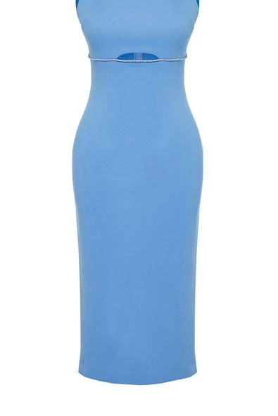Yeni Fit Mezuniyet Balo Finike Dokuma Kayık Yaka Kolsuz Kol Bodycone Midi Boy Elbise - 3