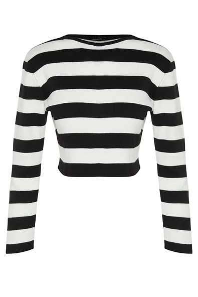 Kadın Moda Şık Crop Bisiklet Yaka Uzun Kol Çizgili Crop Basic Triko Kazak