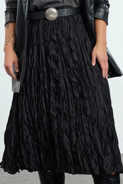Kadın Moda Stil Midi Astarsız Dokuma Büyük Beden Dokuma Etek - 3