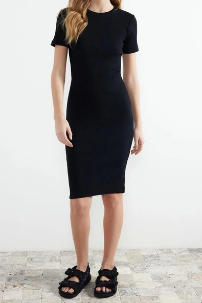 Yeni Slim Casual Günlük Rejenere Kaşkorse Örme Bisiklet Yaka Kısa Kol Bodycone Midi Boy Elbise - 3
