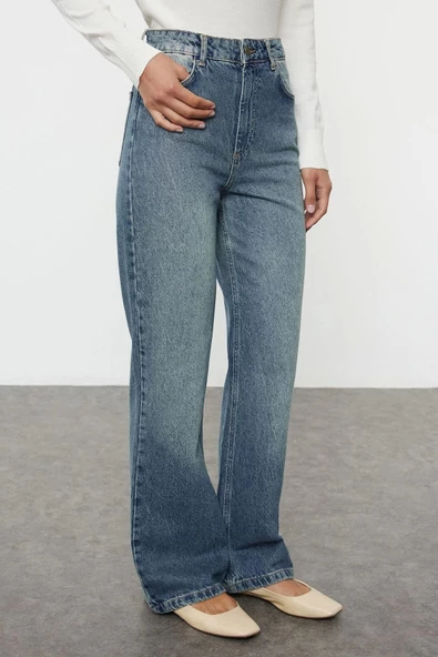 Kadın Moda Şık Kot Pantolon Geniş Paça Uzun Boy Denim Mavi Soluk Vintage Yüksek Bel Jeans