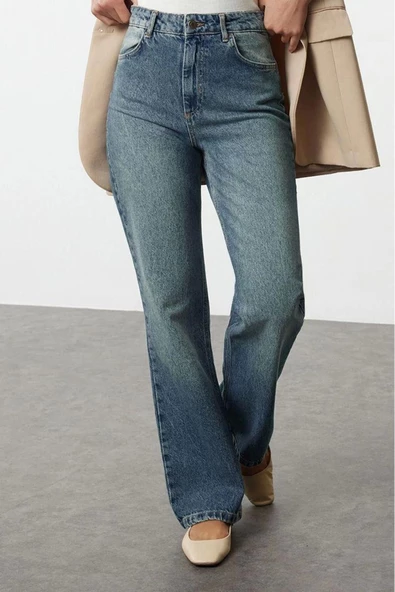Kadın Moda Şık Kot Pantolon Geniş Paça Uzun Boy Denim Mavi Soluk Vintage Yüksek Bel Jeans - 6