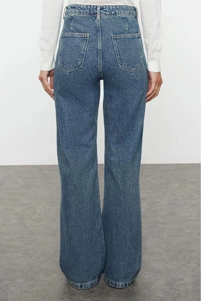 Kadın Moda Şık Kot Pantolon Geniş Paça Uzun Boy Denim Mavi Soluk Vintage Yüksek Bel Jeans - 5