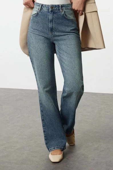 Kadın Moda Şık Kot Pantolon Geniş Paça Uzun Boy Denim Mavi Soluk Vintage Yüksek Bel Jeans - 3