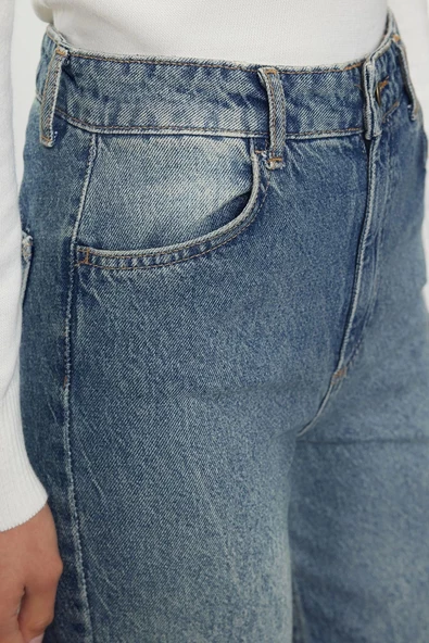 Kadın Moda Şık Kot Pantolon Geniş Paça Uzun Boy Denim Mavi Soluk Vintage Yüksek Bel Jeans - 4