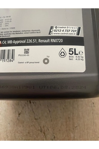 CASTROL GTX 5W-30 C4 (Renault Motor ve DPF 'li araçlar dahil) motor yağı 5 Litre – 2024 - 4