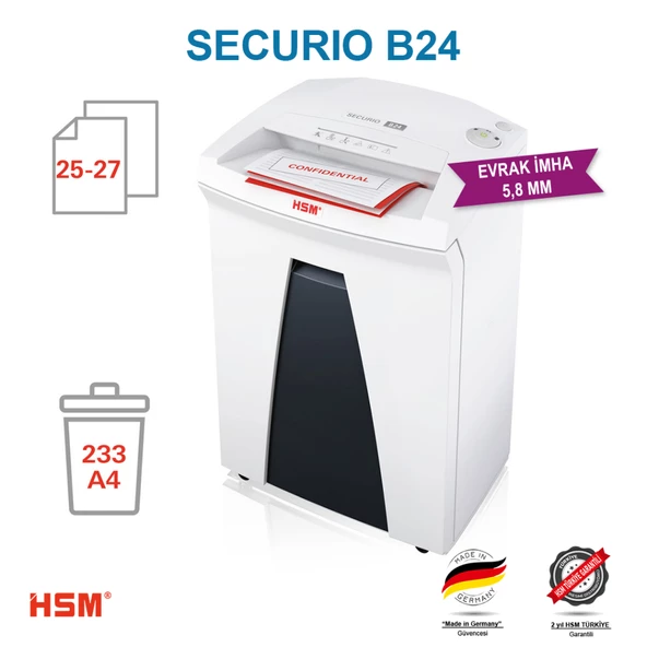 HSM SECURIO B24 Evrak İmha Makinesi / Kağıt Kırpma Makinesi - Düz/Şerit kesim 5,8mm- 35lt - 6