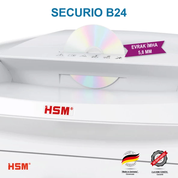 HSM SECURIO B24 Evrak İmha Makinesi / Kağıt Kırpma Makinesi - Düz/Şerit kesim 5,8mm- 35lt - 5