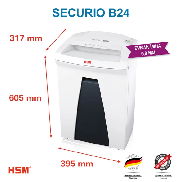 HSM SECURIO B24 Evrak İmha Makinesi / Kağıt Kırpma Makinesi - Düz/Şerit kesim 5,8mm- 35lt - 3