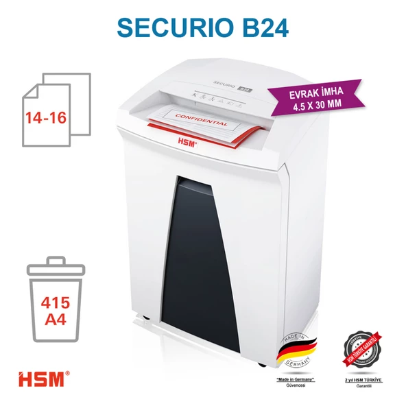 HSM SECURIO B24 - Çapraz/konfeti kesim 4,5x30mm Evrak İmha Makinesi / Kağıt Kırpma Makinesi - CD İmha Makinesi - 35lt - 3