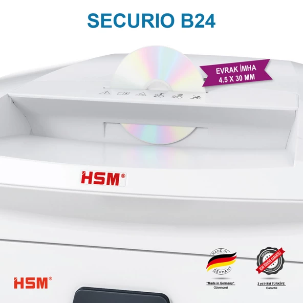 HSM SECURIO B24 - Çapraz/konfeti kesim 4,5x30mm Evrak İmha Makinesi / Kağıt Kırpma Makinesi - CD İmha Makinesi - 35lt - 5