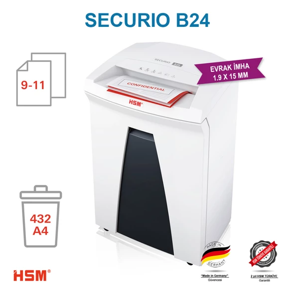 HSM SECURIO B24 Evrak İmha Makinesi / Kağıt Kırpma Makinesi - Parçacık kesim 1,9x15mm- 34lt - 3