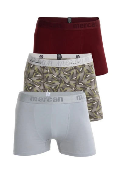 Mercan Erkek Çok Renkli 3'lü Likralı Pamuklu Boxer (GRİ BORDO PERFECTION)