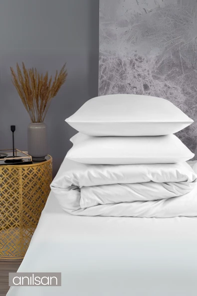 Düz Beyaz Saten Çift Kişilik Lastiksiz Çarşaf Nevresim Takım %100 Pamuk 2 Adet Yastık Kılıf, 83tel - 3