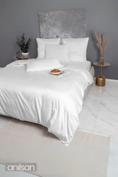 Düz Beyaz Saten Çift Kişilik Lastiksiz Çarşaf Nevresim Takım %100 Pamuk 2 Adet Yastık Kılıf, 83tel - 4
