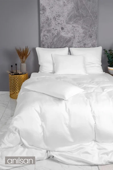 Düz Beyaz Saten Çift Kişilik Lastiksiz Çarşaf Nevresim Takım %100 Pamuk 2 Adet Yastık Kılıf, 83tel - 7
