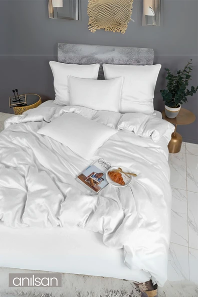 Düz Beyaz Saten Çift Kişilik Lastiksiz Çarşaf Nevresim Takım %100 Pamuk 2 Adet Yastık Kılıf, 83tel - 5