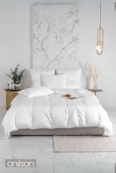 Düz Beyaz Saten Çift Kişilik Lastiksiz Çarşaf Nevresim Takım %100 Pamuk 2 Adet Yastık Kılıf, 83tel
