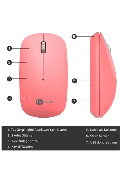 Lecoo Sessiz Kablosuz Mouse Pembe Ws214 3128 - 2