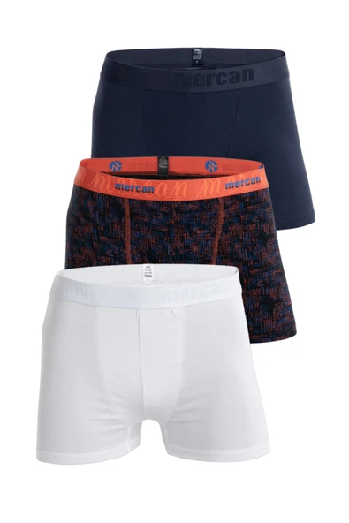 Mercan Erkek Çok Renkli 3'lü Likralı Pamuklu Boxer (LACİVERT BEYAZ KARMAŞIK)