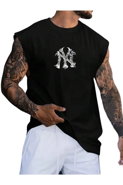 Erkek NY Baskılı Oversize Kolsuz T-shirt - Resim 5