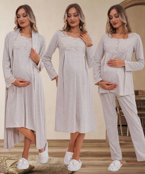 Mecit 6172 Bayan Vizon Sabahlık Gecelik Pijama Hamile Lohusa Set - 5
