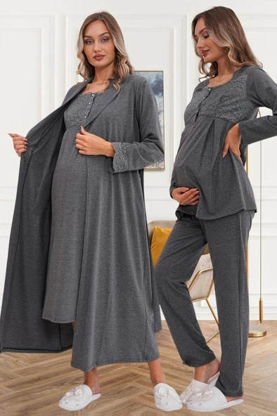Mecit 6172 Bayan Füme Sabahlık Gecelik Pijama Hamile Lohusa Set