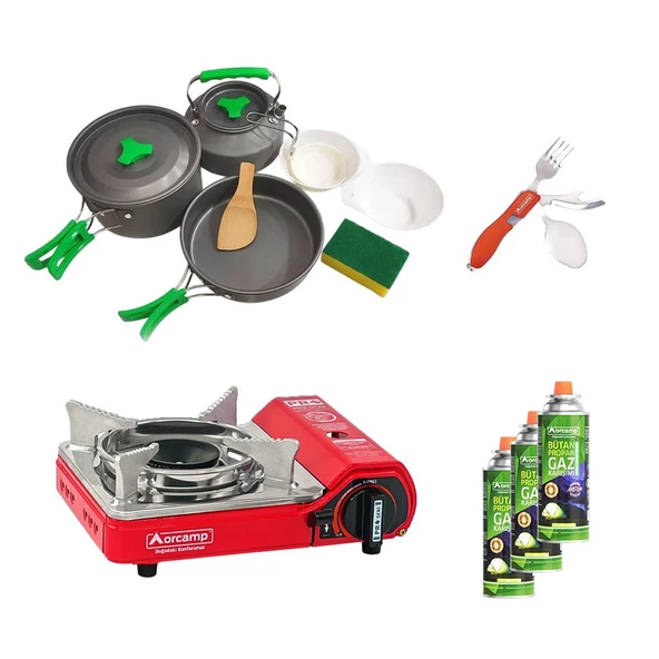 Orcamp Tekli Mini Portatif Ocak Kırmızı+3 Parça Tencere Seti+Çatal Kaşık Bıçak Kırmızı+3 Adet Kartuş ORC-013-F1