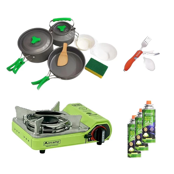 Orcamp Tekli Mini Portatif Ocak Yeşil+3 Parça Tencere Seti+Çatal Kaşık Bıçak Kırmızı+3 Adet Kartuş ORC-015-F1