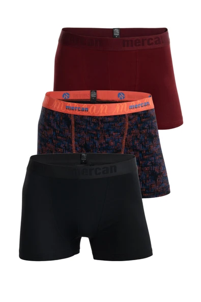 Mercan Erkek Çok Renkli 3'lü Likralı Pamuklu Boxer (BORDO SİYAH KARMAŞIK)