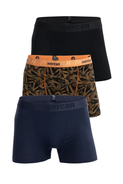Mercan Erkek Çok Renkli 3'lü Likralı Pamuklu Boxer (SİYAH LACİVERT GEOMETRİK)