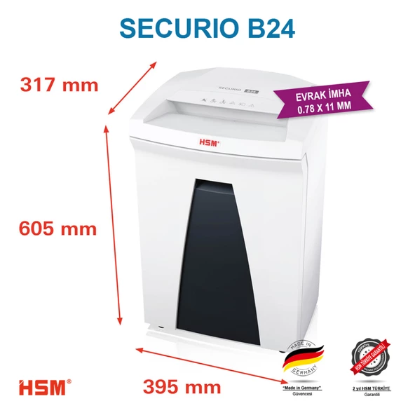 HSM SECURIO B24 - Parçacık kesim 0.78X11mm- Evrak İmha Makinesi / Kağıt Kırpma Makinesi - 35lt - 2
