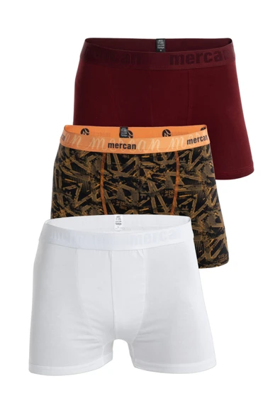 Mercan Erkek Çok Renkli 3'lü Likralı Pamuklu Boxer (BEYAZ BORDO GEOMETRİK)