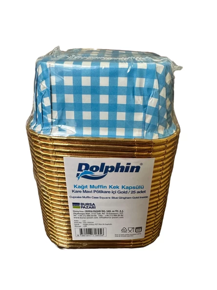 Dolphin Muffin Kare Kağıt Mavi Puantiyeli Altın Cupcake Kek Kalıbı Kapsülü Kabı - 25 Adetlik 10 Paket - Resim 2