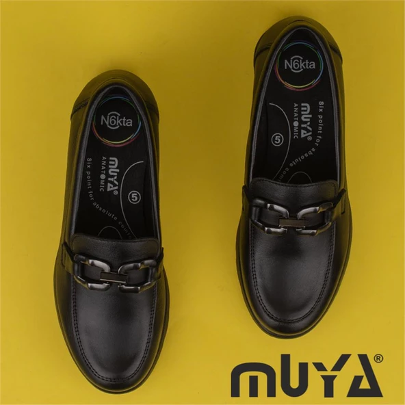 Muya Siyah Geluk Hakiki Deri 6 Noktalı Kadın Comfort Ayakkabı - 6