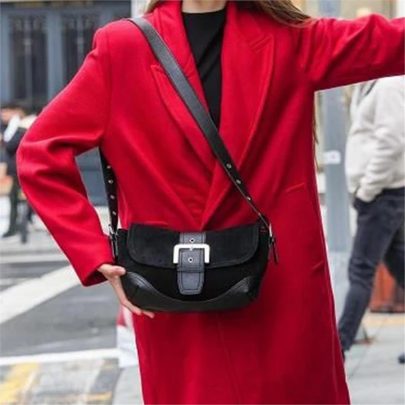 Jacquline Siyah Ourea Kadın Hakiki Nubuk Omuz Çantası - Resim 5