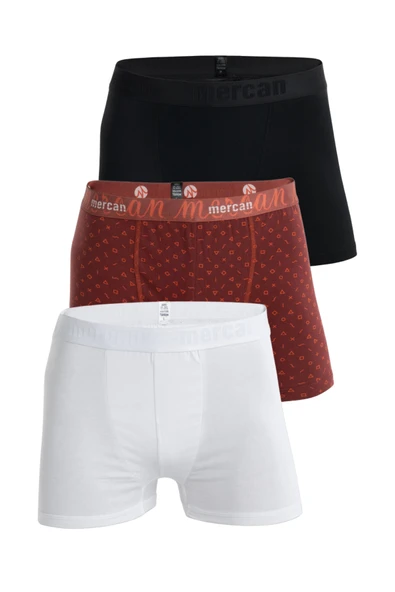 Mercan Erkek Çok Renkli 3'lü Likralı Pamuklu Boxer (BEYAZ DEĞER SİYAH)