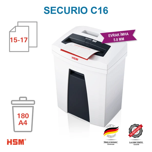 HSM SECURIO C16 Evrak İmha Makinesi / Kağıt Kırpma Makinesi - Düz/şerit kesim 5,8mm- 25lt - 3