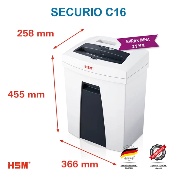 HSM SECURIO C16 - 3,9mm Şerit kesim- Evrak İmha Makinesi / Kağıt Kırpma Makinesi - 25lt - 2
