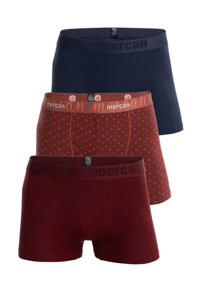 Mercan 3'lü Çok Renkli Pamuklu Likralı Erkek Boxer (BORDO LACİVERT DEĞER)