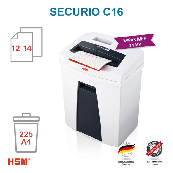 HSM SECURIO C16 - 3,9mm Şerit kesim- Evrak İmha Makinesi / Kağıt Kırpma Makinesi - 25lt - 3