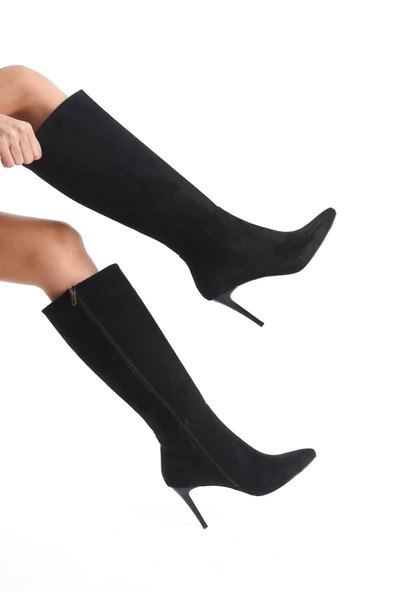 İlibri Siyah Süet İnce Topuklu Klasik Çizme - 3