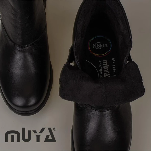 Muya Siyah Hakiki Deri 6 Noktalı Ortopedik Cırtlı Anne Botu - Resim 6