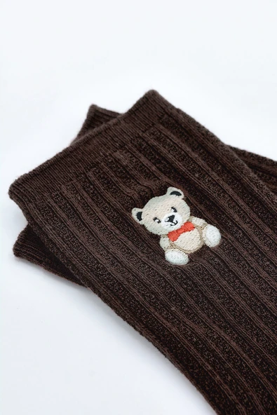 Kahverengi Nakışlı Ayıcık Desenli Uzun Soket Çorap - 2