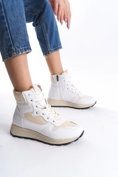 Misref Beyaz Krem Spor Ayakkabı Günlük Hafif Fermuarlı Bot - 3